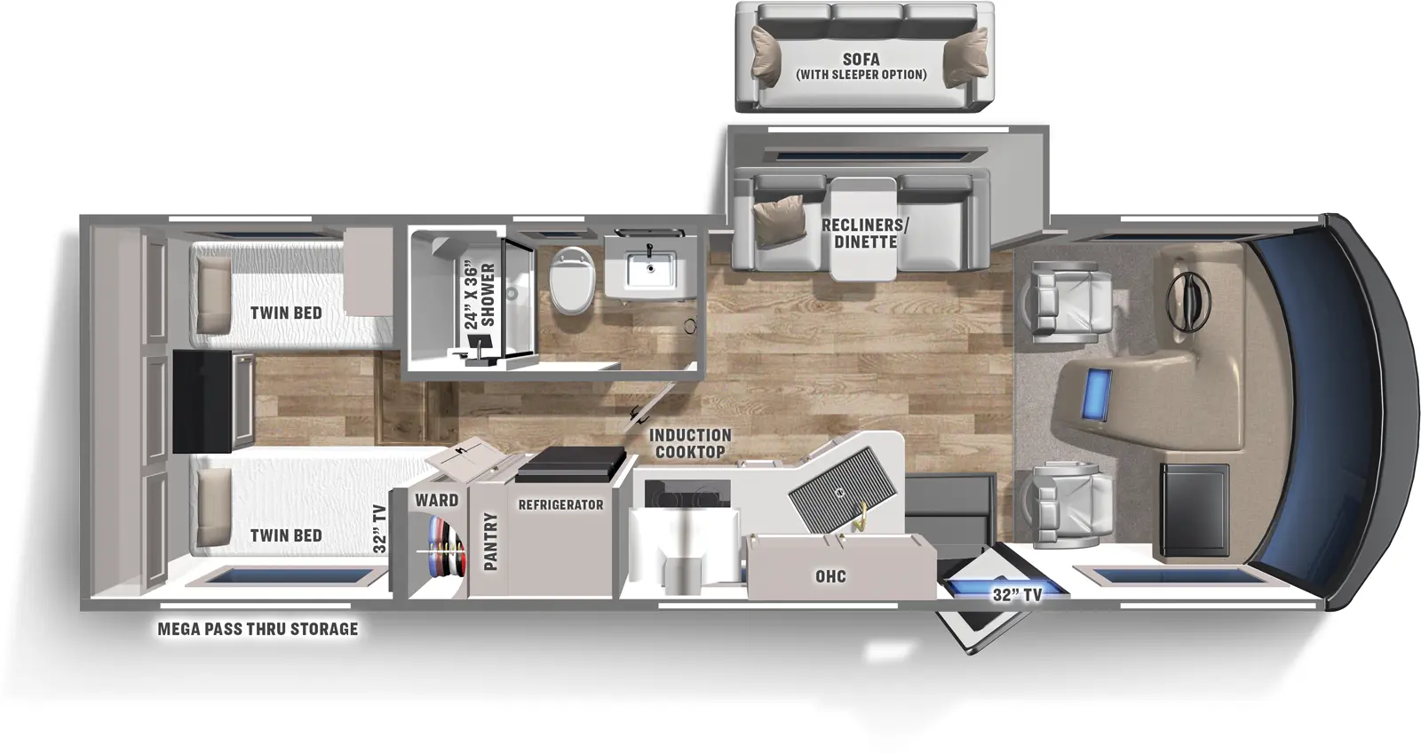 The 25TB has one slideout and one entry. Exterior features rear mega pass-through storage. Interior layout front to back: front cab area; off-door side slideout with recliners/dinette (sofa with sleeper optional); door side entry with TV above, kitchen counter with sink, overhead cabinet, induction cooktop, refrigerator, pantry, and wardrobe; off-door side full bathroom; rear bedroom with opposing twin beds, overhead cabinet, and TV.